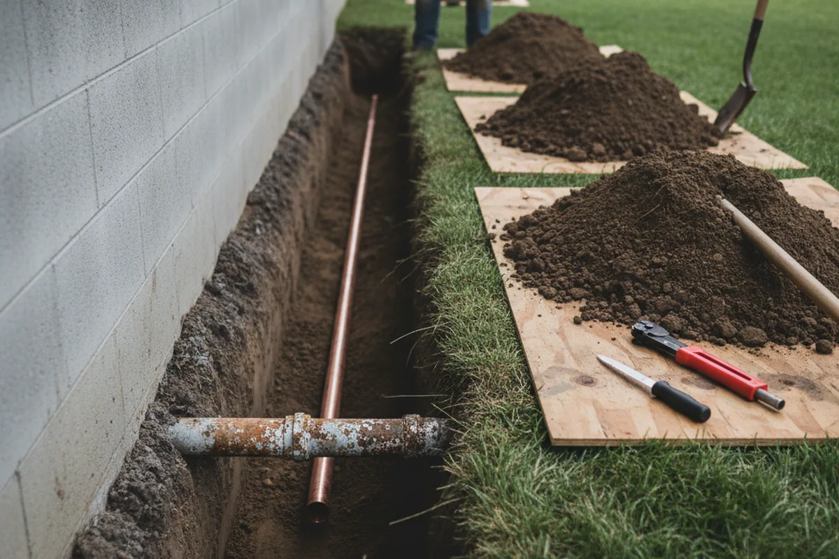 Excavated water line trench during Water Heater Repair in Follansbee
